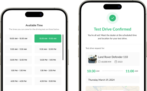 Test drive booking and confirmation screens